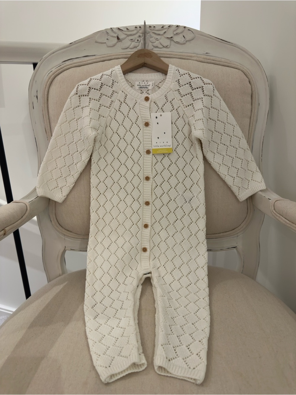 🦢 12~18 Mth Organic Cotton Crochet Ivory Knit Adorable Baby Girl Romper NWT